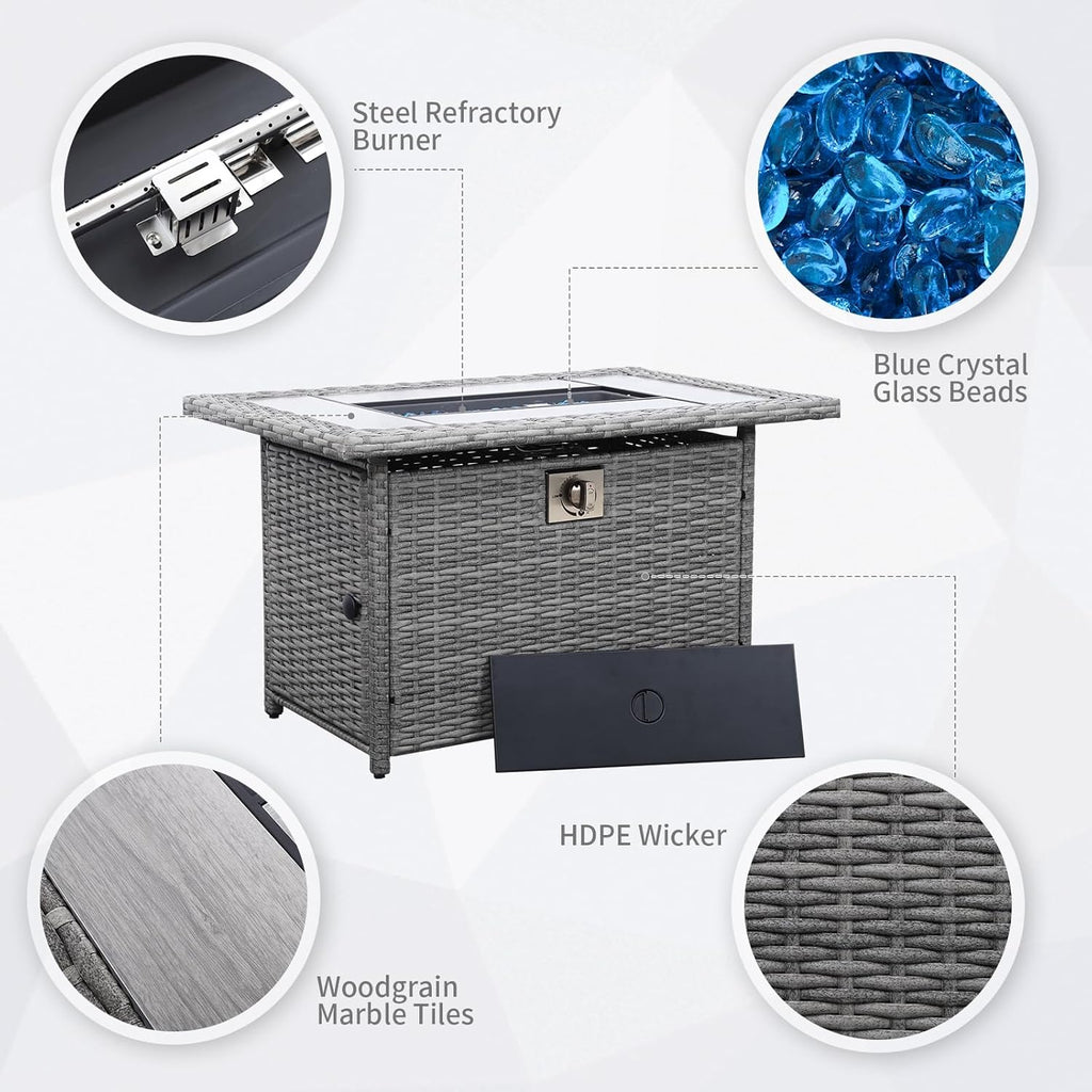 60000 BTU Wicker Gas Fire Pit Outdoor Fire Pit Table 45 Inch Fire Pits for Outside with Woodgrain Marble Tabletop Fire P
