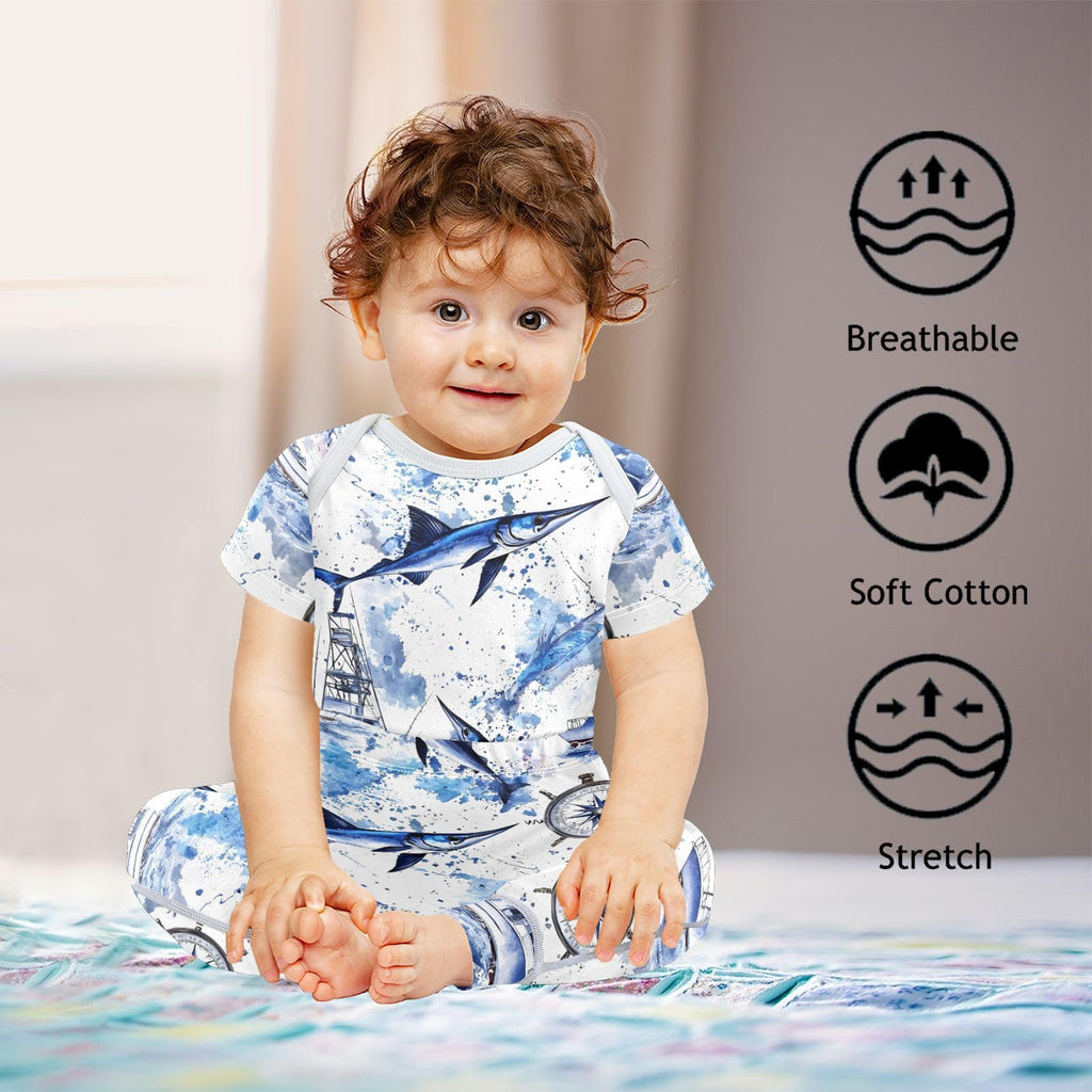Blue Marlins Compass Baby Bodysuits Set, Baby Layette Sets Unisex Short Sleeve Babys Pants Sets