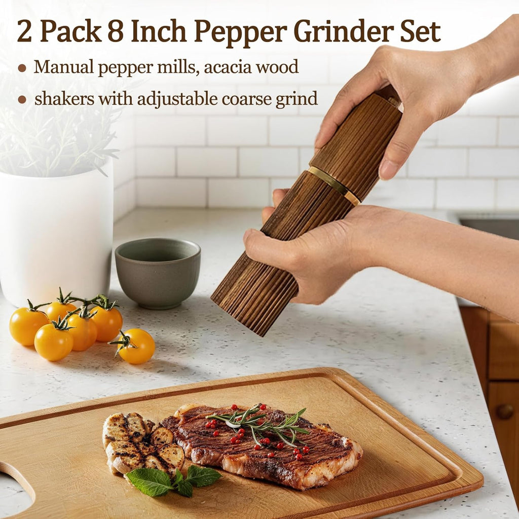 Acacia Wooden Salt and Pepper Grinder Set Pepper Mills 8 - Set of 2