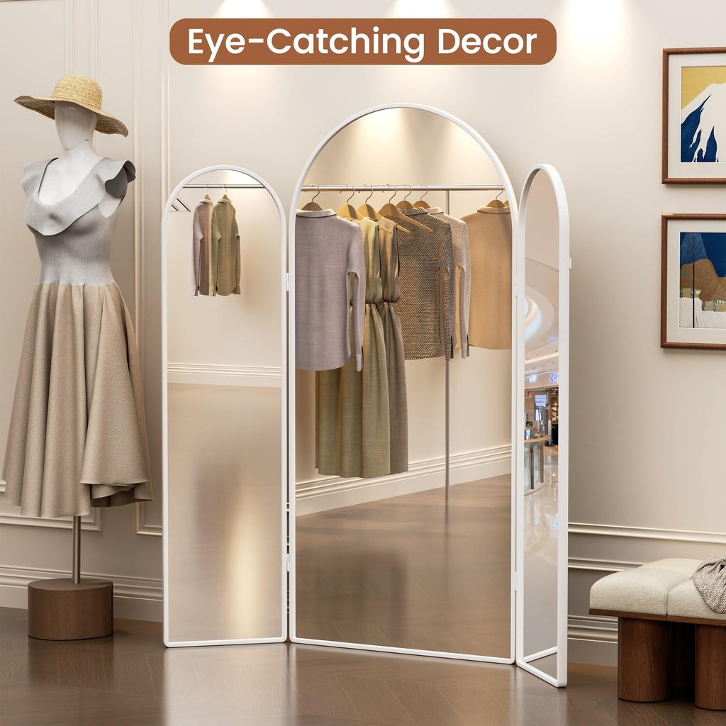 3 Way Arched Full Length Mirror Free Standing, 71"x 67" Large Modern Trifold Mirror with 3 Panel Tempered Glass &