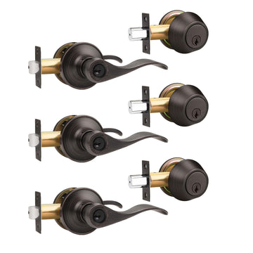 3 Pack Wave Entry Door Levers and Single Cylinder Deadbolt Front Combination Lockset, Oil Rubbed Bronze Keyed Alike