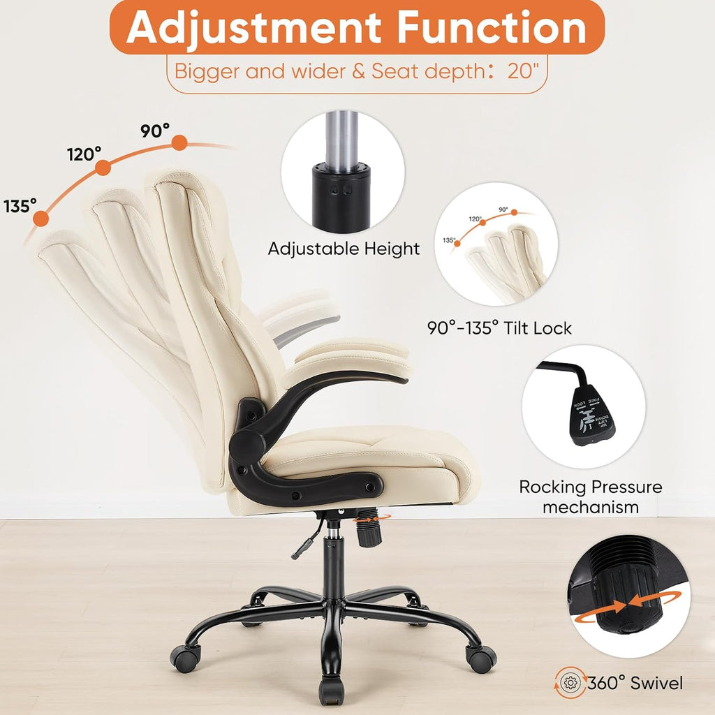 Office Executive Chair - Heavy Duty High Back Home Desk Chair with Flip-up Armrest, PU Leather, Height Adjustable &