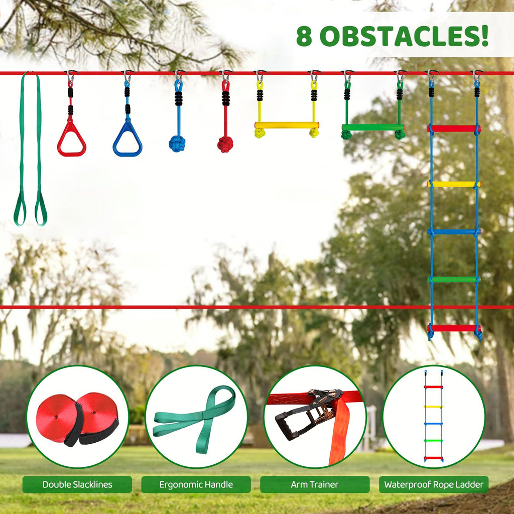 Ninja Warrior Obstacle Course for Kids, 2×50ft Slack Lines for Backyard with 8 Ninja Accessories - Monkey Bar, Rope