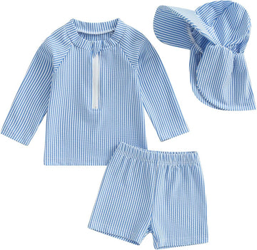 Toddler Baby Boys Seersucker Long Sleeve Swimsuit Trunks Bathing Suit Swimwear with Hat 3Pcs Rash Guard Set