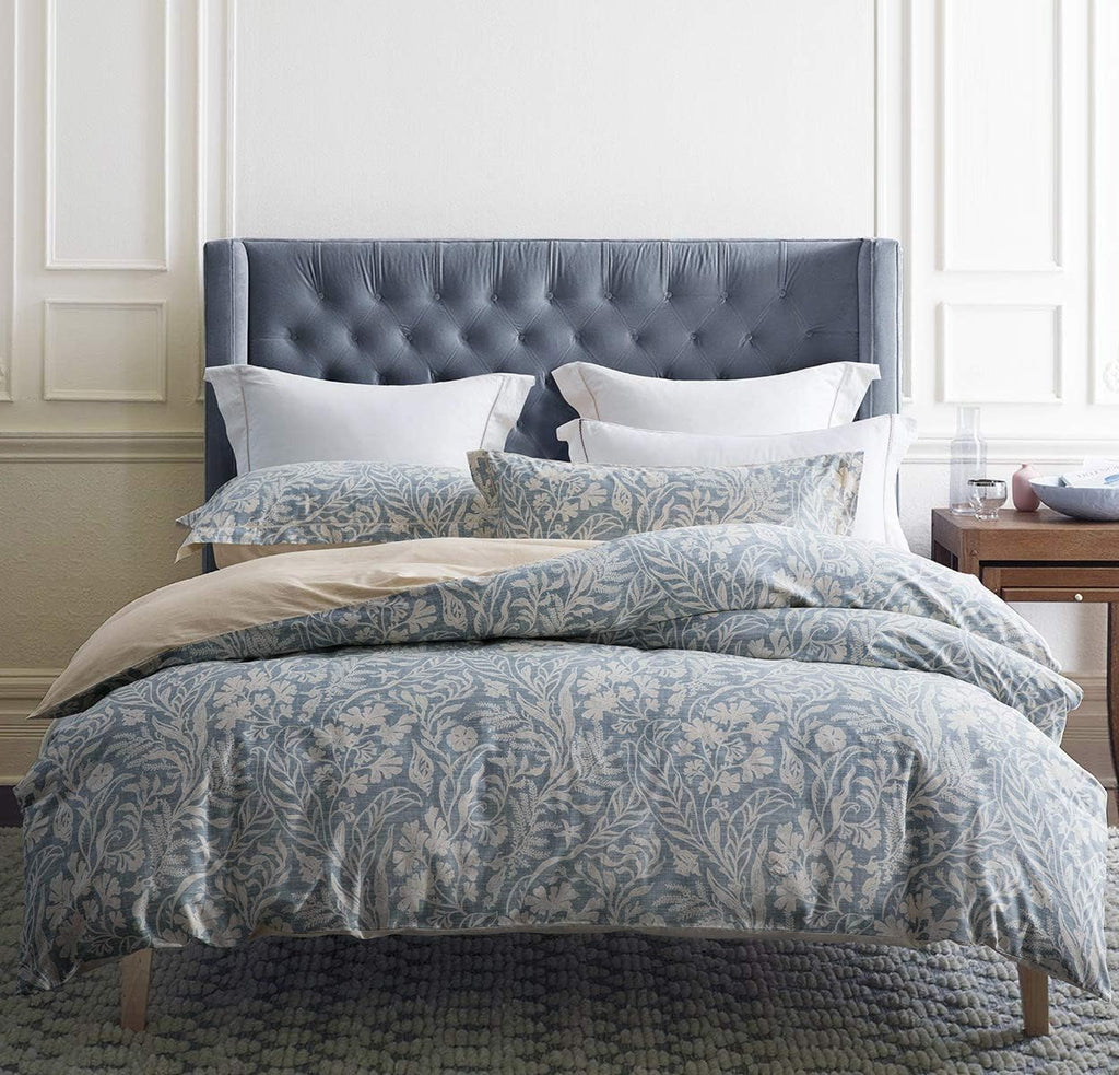 Duvet Cover King, 600 Thread Count Cotton Beige & Bluish Grey Printed with Luxurious Leaves Pattern Reversible