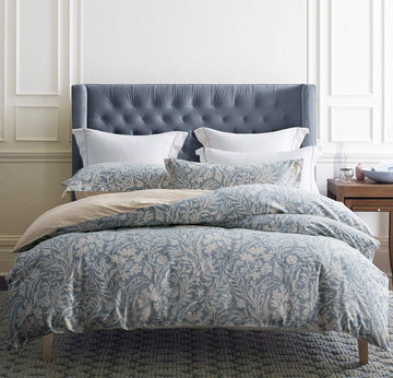 Duvet Cover King, 600 Thread Count Cotton Beige & Bluish Grey Printed with Luxurious Leaves Pattern Reversible
