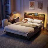 Queen Bed Frame with Headboard Storage, Platform Bed Frame Queen with 2 Drawers, Charging Station and LED Lights