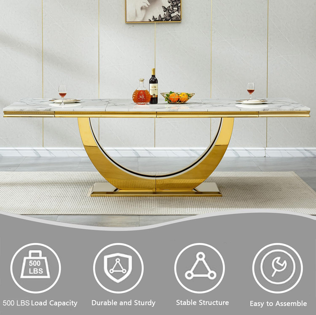 94.5" Large Marble Dining Table Set for 8, Luxury White Gold Kitchen Table with 8 Beige Velvet Dining Chairs, Modern