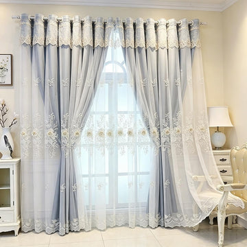 1 Pair Luxury European Curtains with Valance Bedroom Double Layer Embroidered Blackout Curtains (Dark Blue, 51x96 Inch)