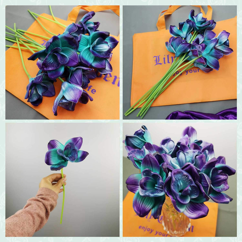 Artificial Flowers Purple Turquoise Orchid Stem Real Touch Flowers Set of 12 Stems
