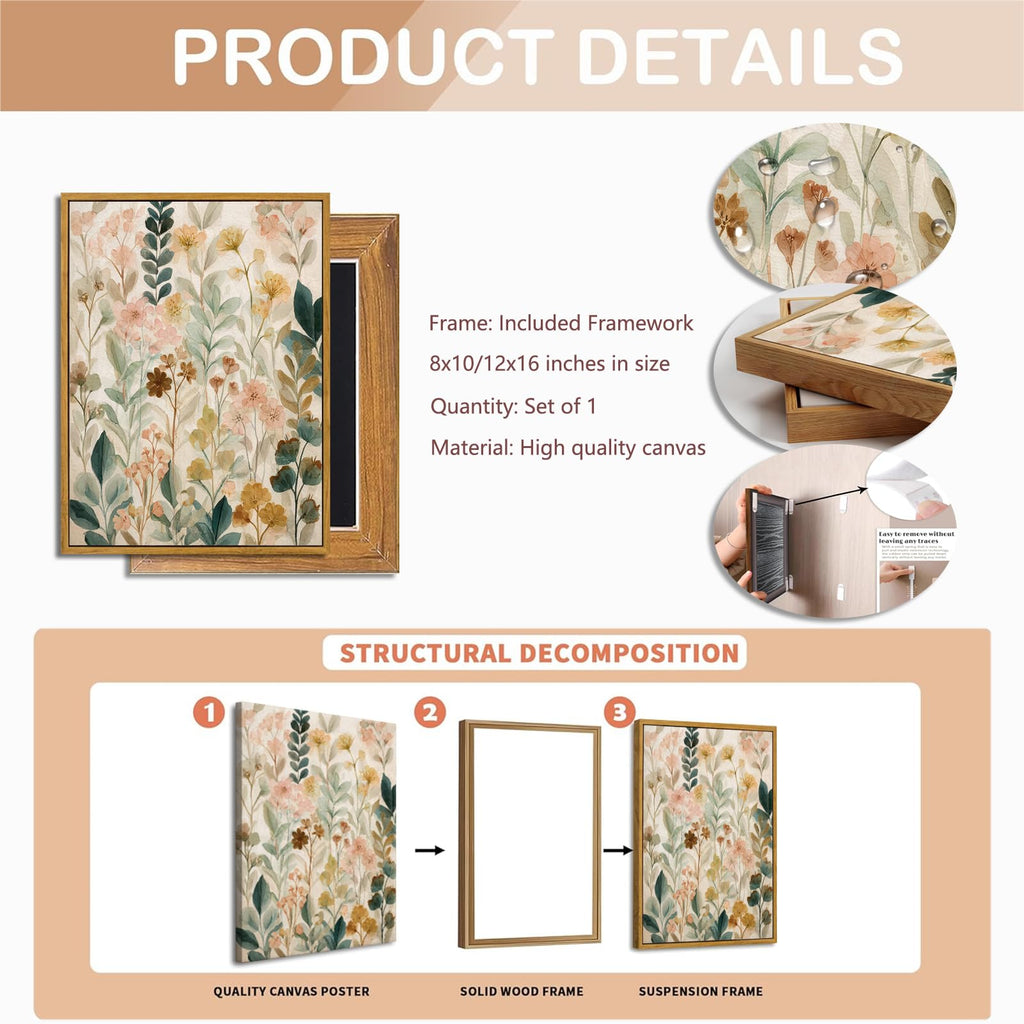 Floating Framed Boho Beige Flower Canvas Wall Art Wall Decor