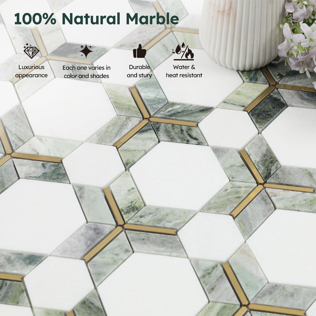 White Marble with Gold Metal Hexaong Mosaic Tile Polished, 5 Sheets