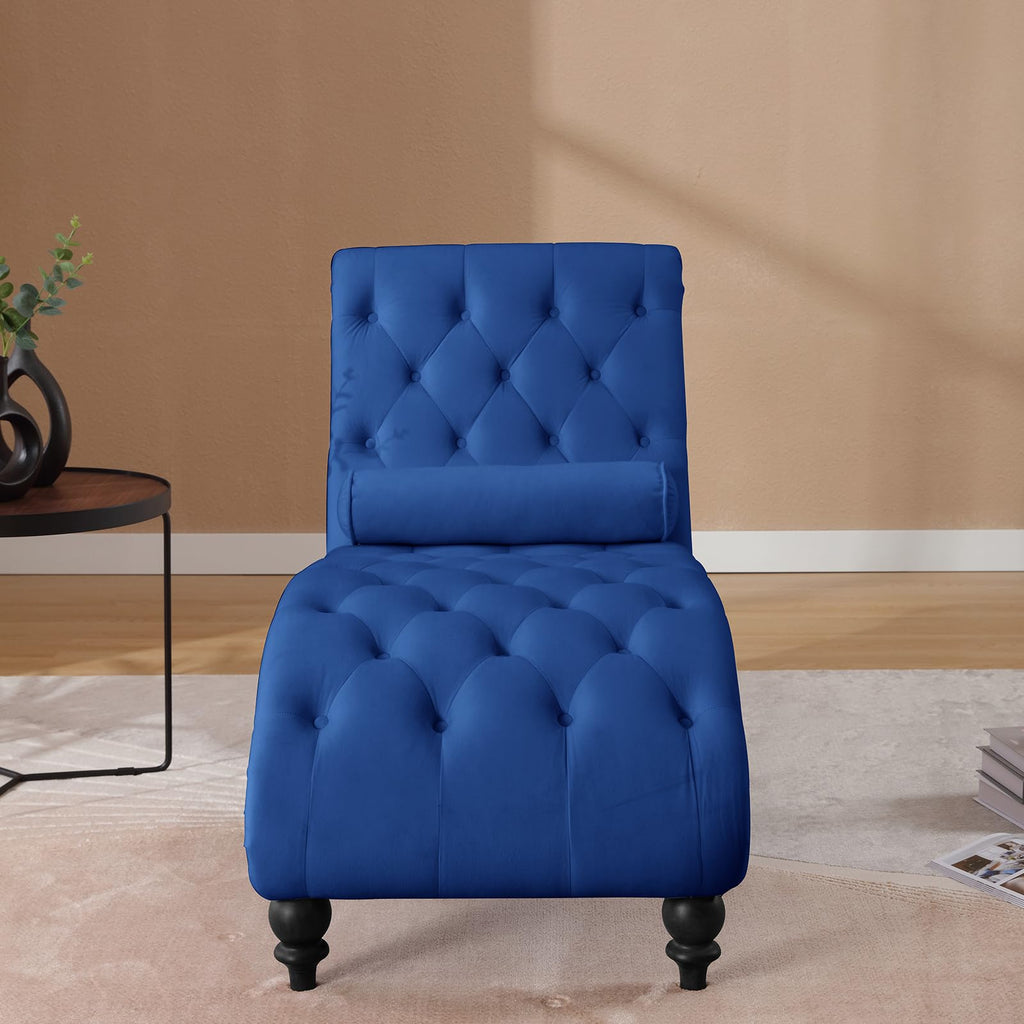 Modern Velvet Chaise Lounge Indoor with Nailhead Trim, Button-Tufted Armless Lounge Chair Indoor with Lumbar Pillow