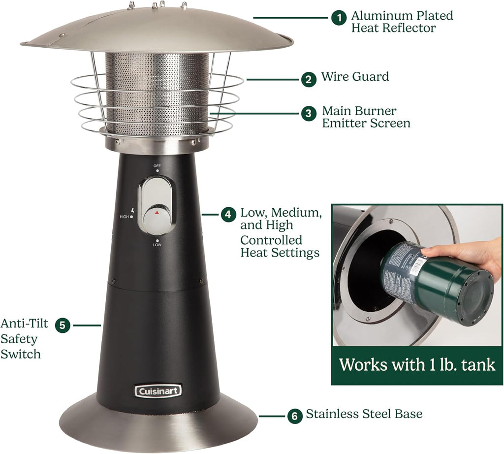 Patio Heater, Tabletop, Anti-Tilt Safety Switch, 11000 BTU, Black | Outdoor heater with adjustable heat and burner