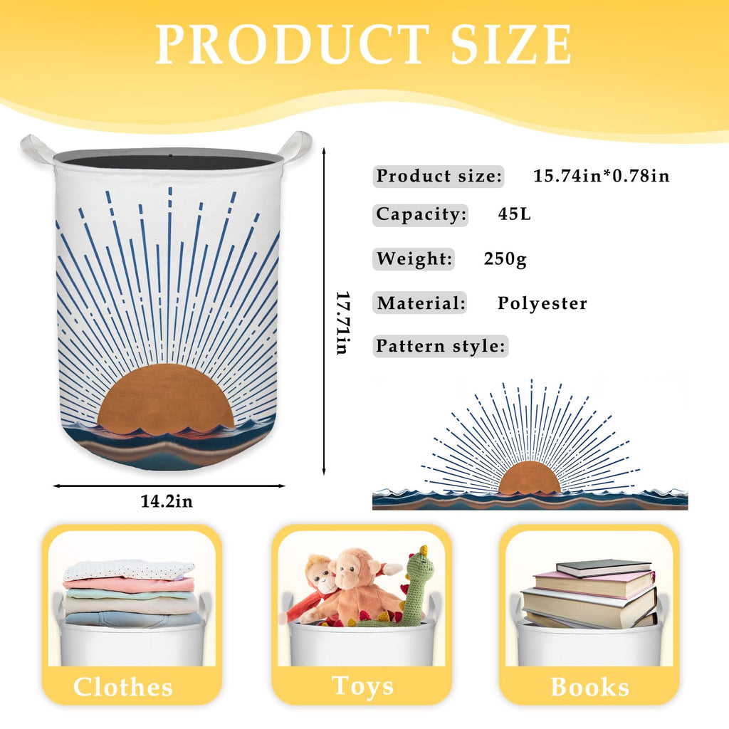 Boho Laundry Basket, Mid Century Modern Boho Terracotta Sun Sea Wave Waterproof Collapsible Laundry Hamper Dirty