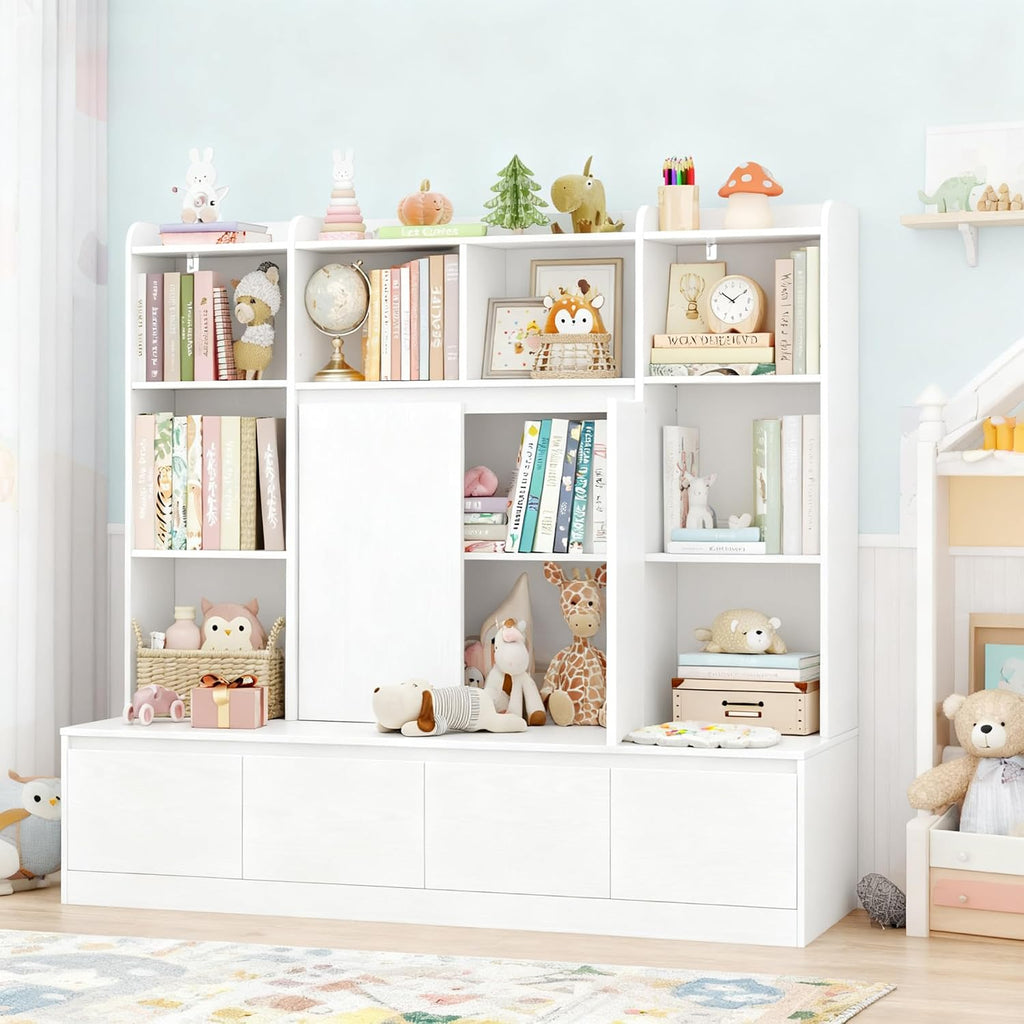 54" W Kids Bookshelf and Toy Storage Organizer Cabinet w/Reading Nook Bench | Kids Bookcase with 10 Storage Cubes & 4