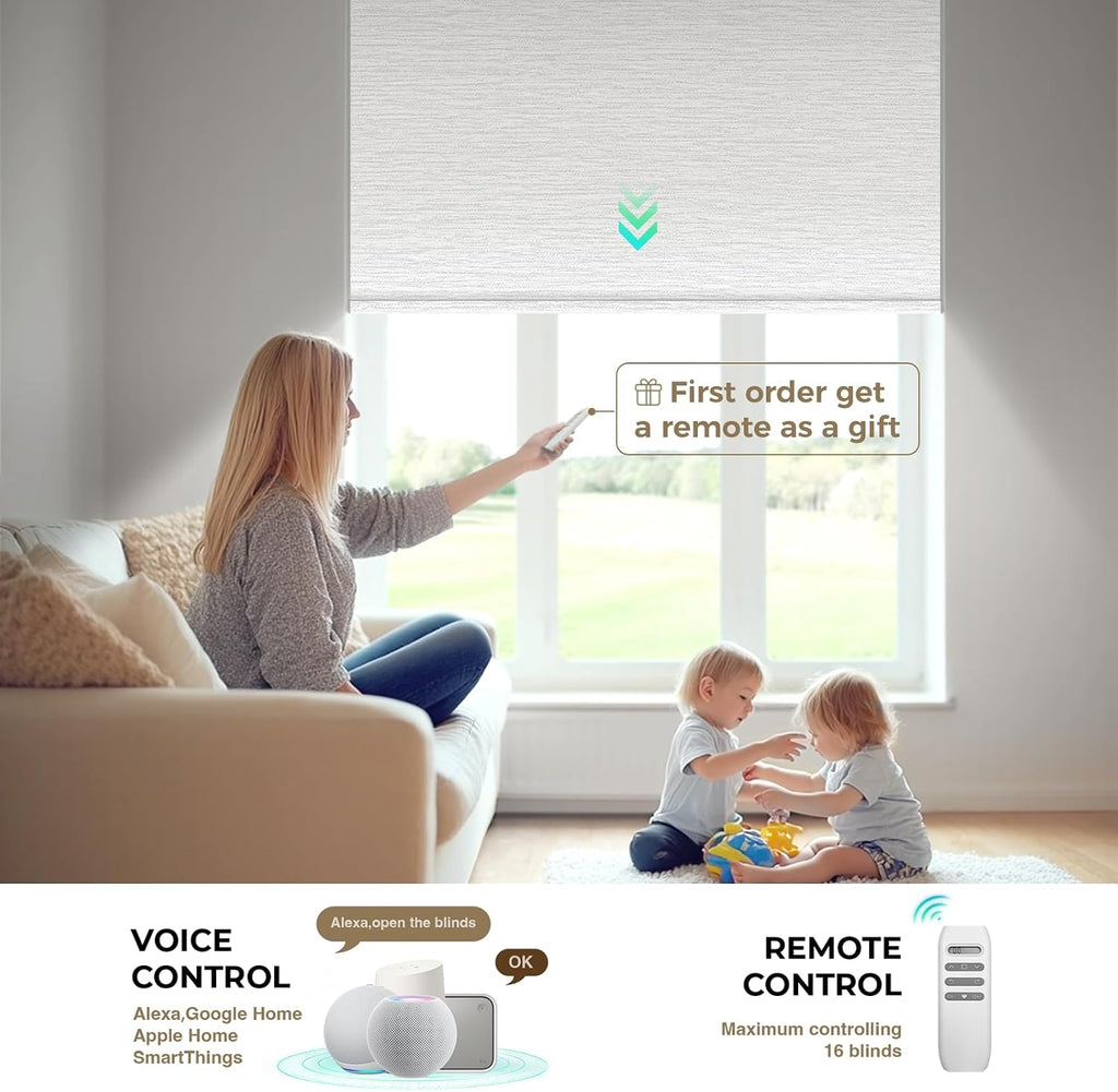 Motorized Blinds with Remote, Blackout Smart Roller Shades | Rechargeable Automatic Blinds, Remote/APP/Voice/Timer