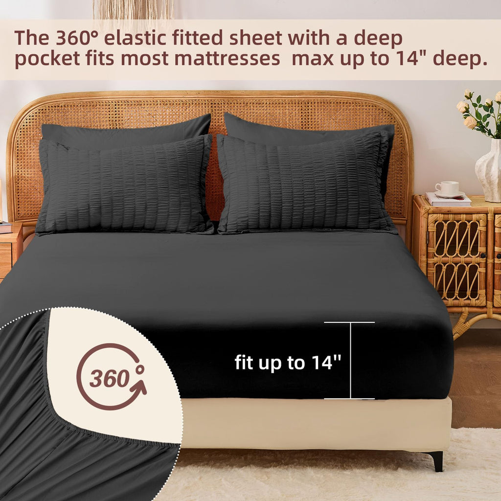 Black Comforter Sets with Sheets, 7 Pcs Seersucker Bed Set
