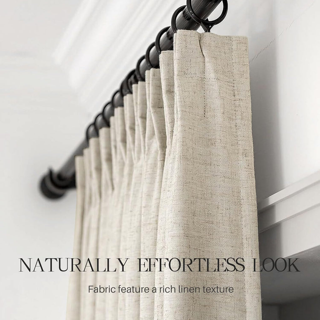 Pinch Pleated Curtains 100% Blackout Linen Curtains 95 Inches Long for Bedroom Living Room, Natural Memory Trained