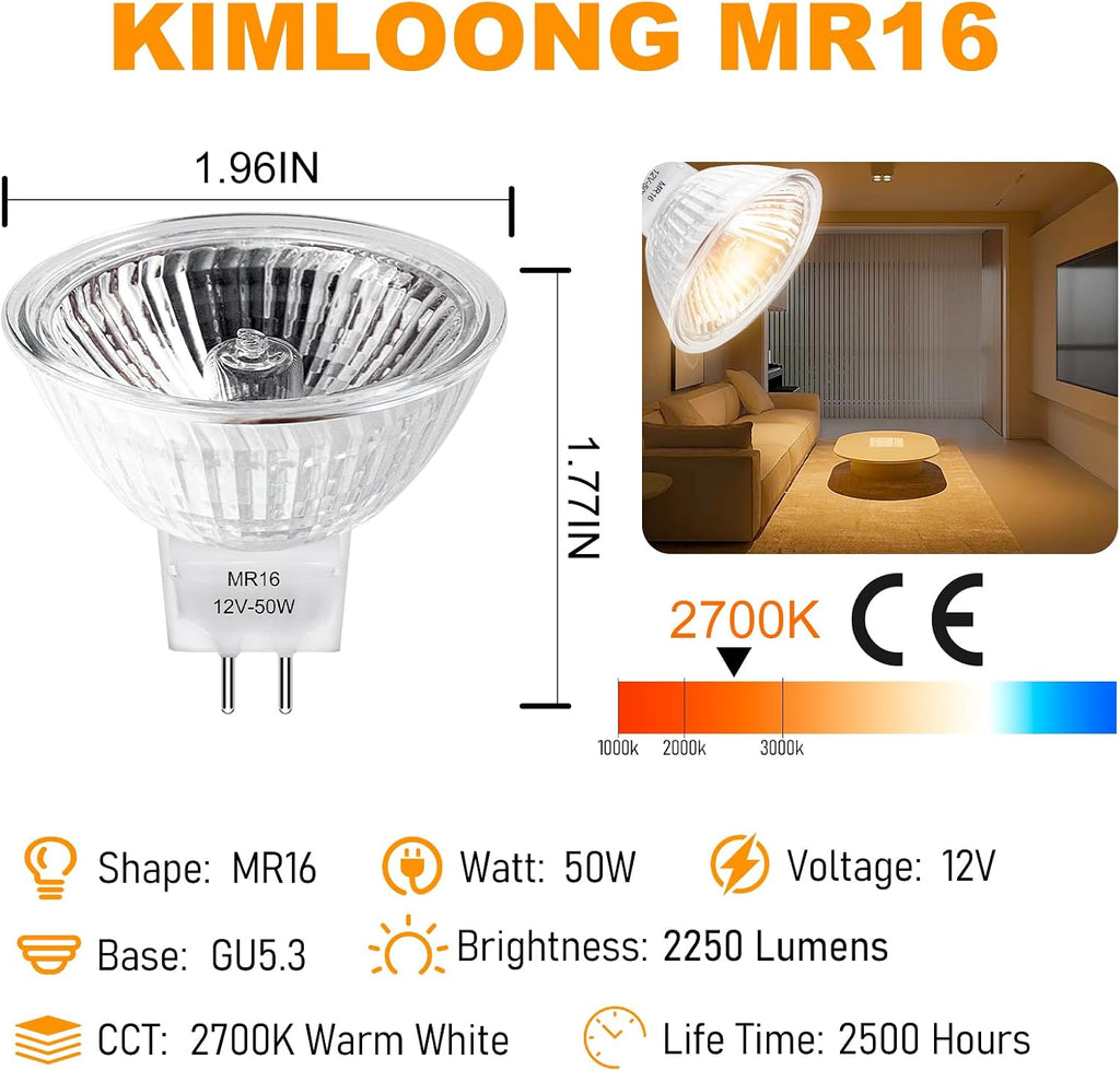 MR16 Halogen Bulbs 2 Pin, 12V 50W, Gu5.3 Base, 6 Packs
