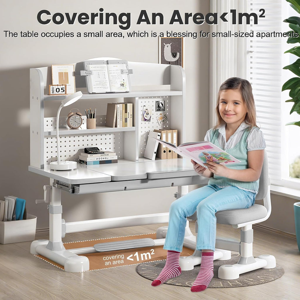 Upgrade Kid Desk and Chair Set, Degree Tiltable Desktop Height Adjustable Kids Table and Chair Set with Bookshelf