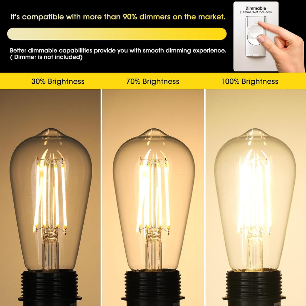 ST19 Vintage LED Edison Bulbs, 60W Eq, Dimmable, Warm White 2700K, 4-Pack