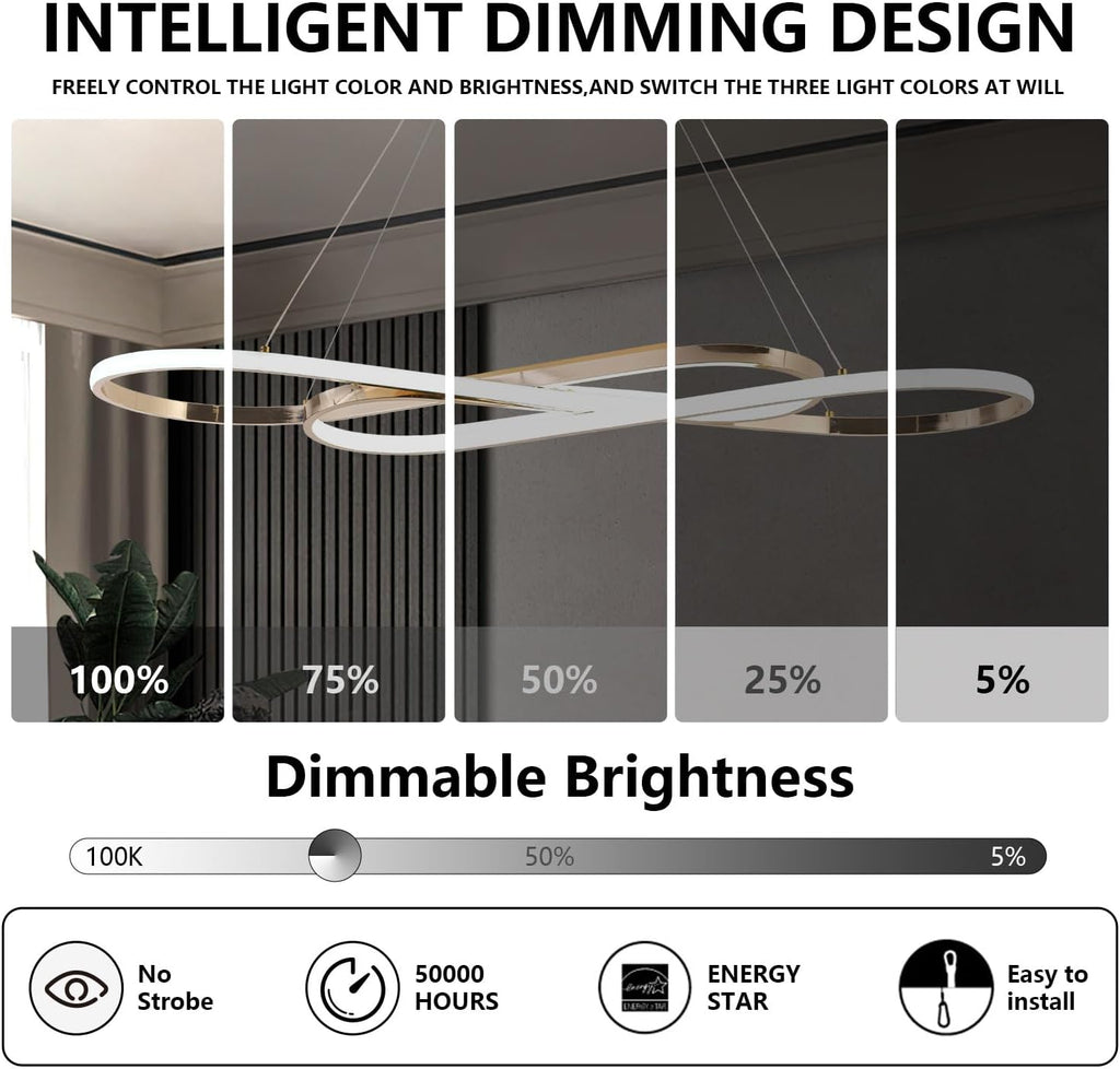 Gold 29.53in Dimmable Modern LED Pendant Chandelier | Height adjustable design, remote control included, suitable for