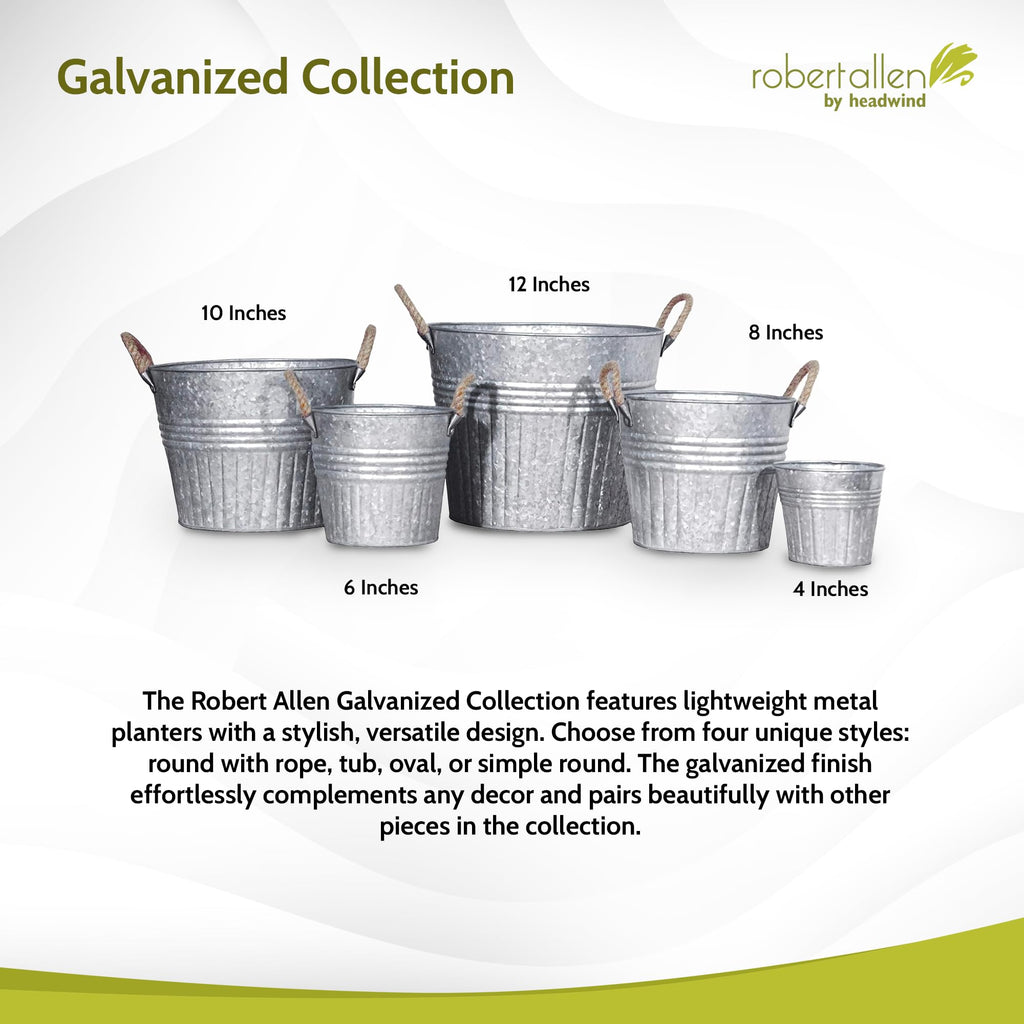 Decorative Planter - Round Galvanized Bucket w/Rope Handles - 12 Inch Metal Tub Bucket Planter for Outdoor Plants