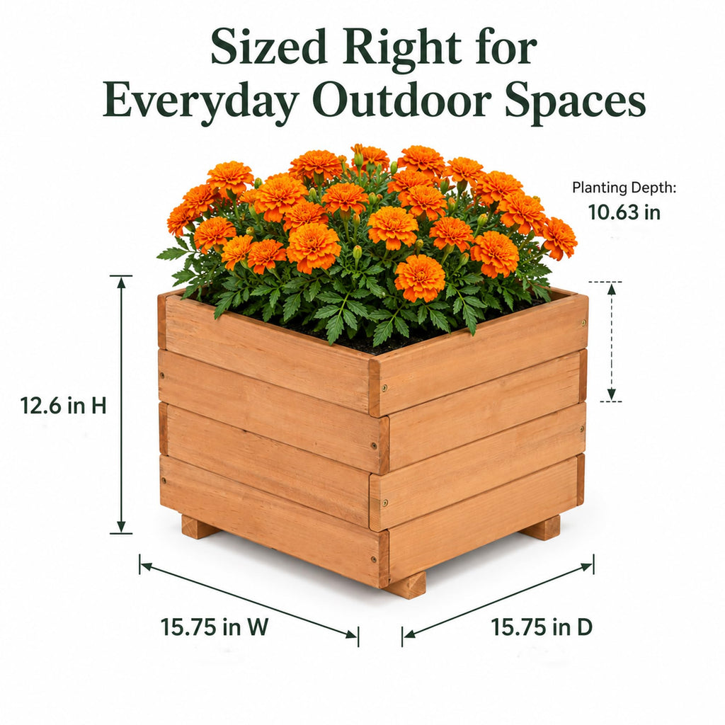 15.75" Square Wooden Planter Box, Fir Wood Planters for Outdoor Plants