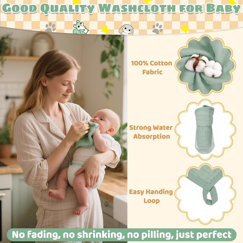 6 Pcs Muslin Hooded Baby Bath Towels Sets - 2 Pack 100% Cotton Baby Towel & 4 Pack Muslin Washclothes- 32x32Inch Baby