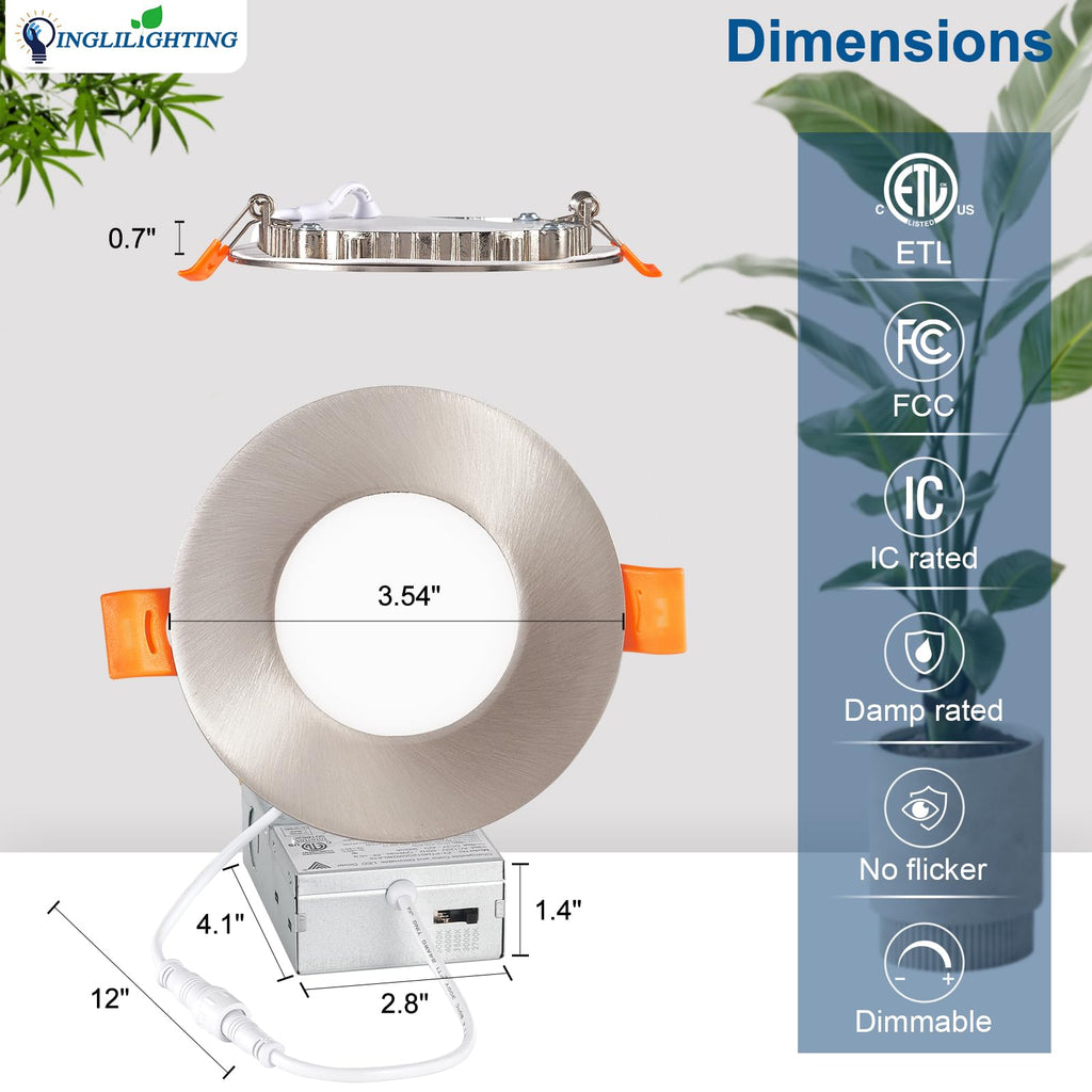 LED Recessed Ceiling Lights: 12 Pack 3 Inch 5CCT Ultra-Thin Lighting with Junction Box - 600LM Brightness 6W Eqv 50W
