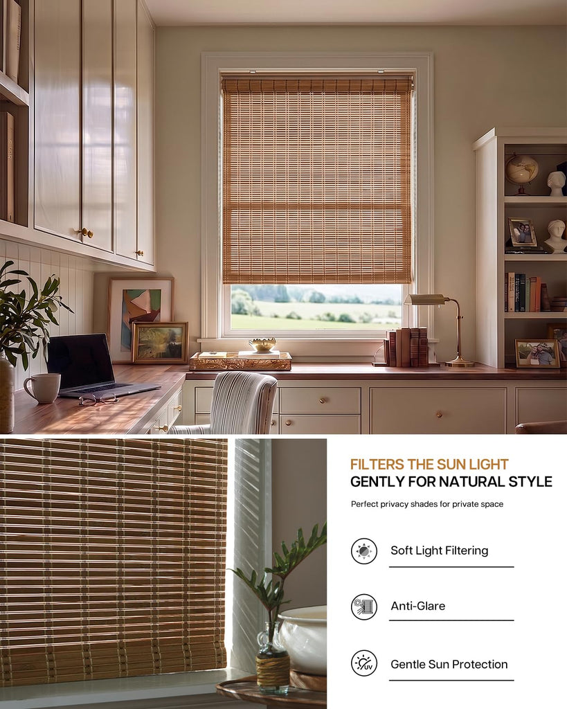 Cordless Bamboo Roller Shades, 23" W x 70" H, Brown206