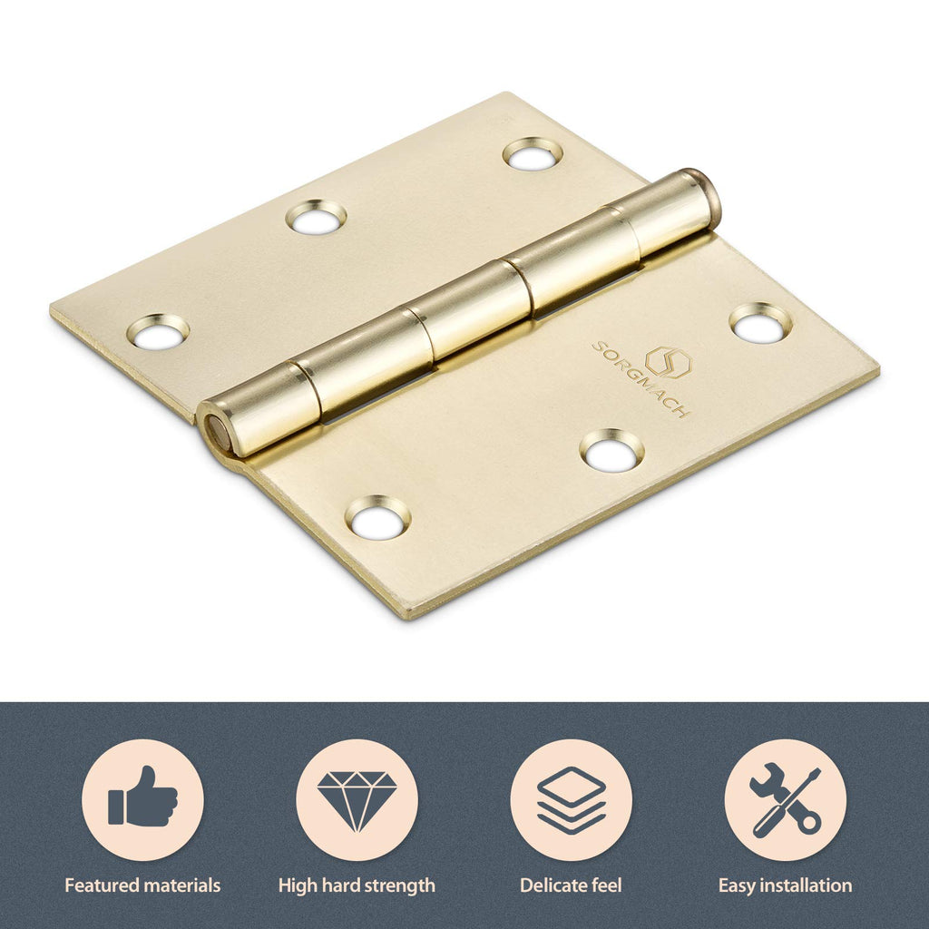 Door Hinges Satin Brass 3.5 Inch Interior Hinges Hardware Hinge Square Corner Brushed Brass Door Hinges- 3 Pack