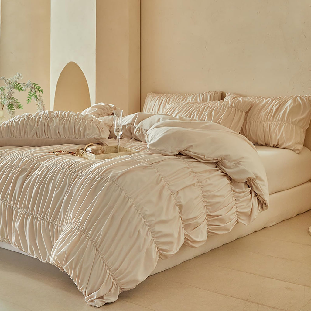 3 Piece Boho Duvet Cover Full Soft Breathable Khaki Ruched Bedding