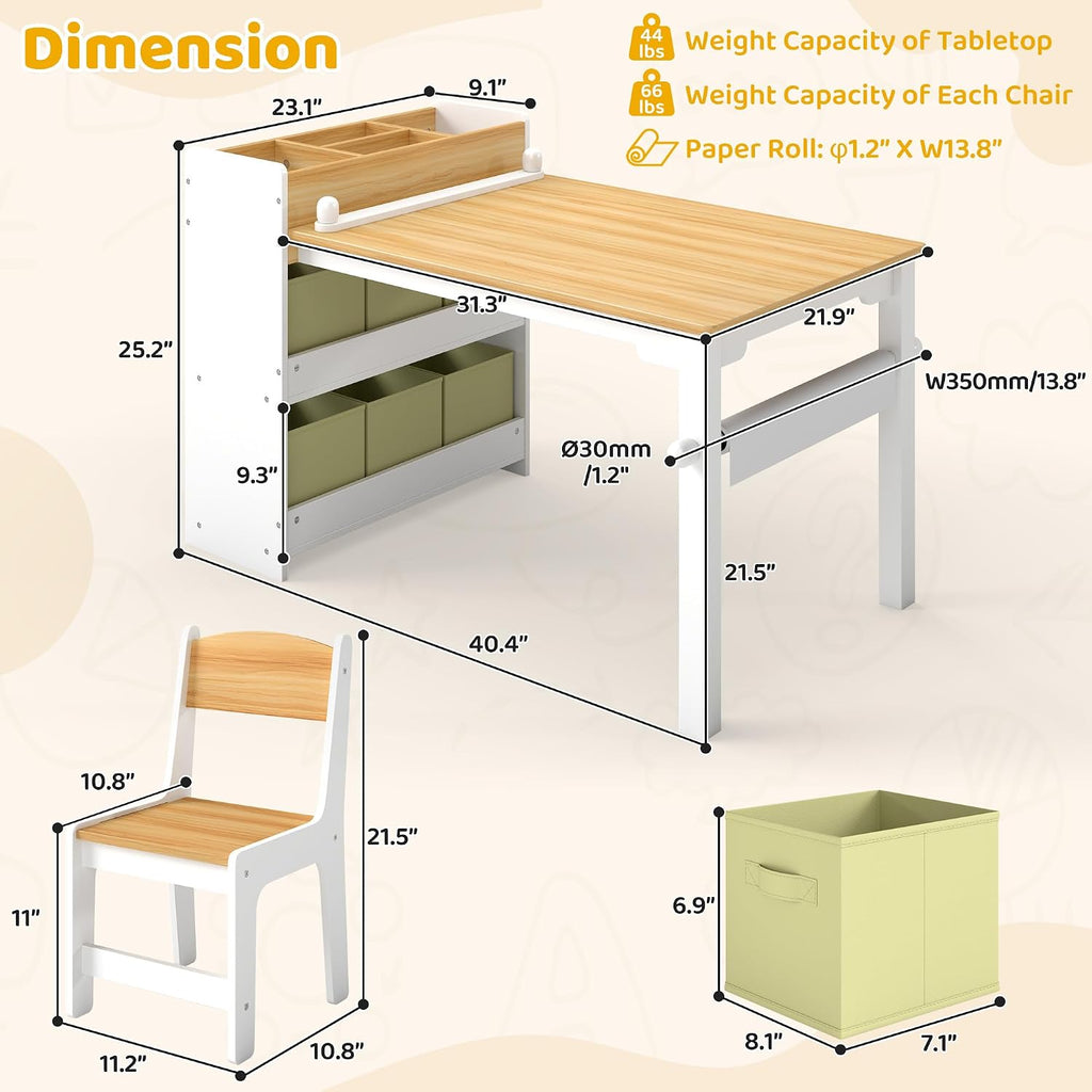 Kids Art Table & Chair Set, Wood w/Storage & Paper Roll, Natural