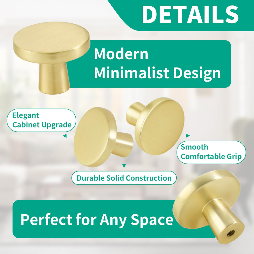 6 Pack Brushed Brass Round Cabinet Knobs 1-1/4 Inch Zinc Alloy