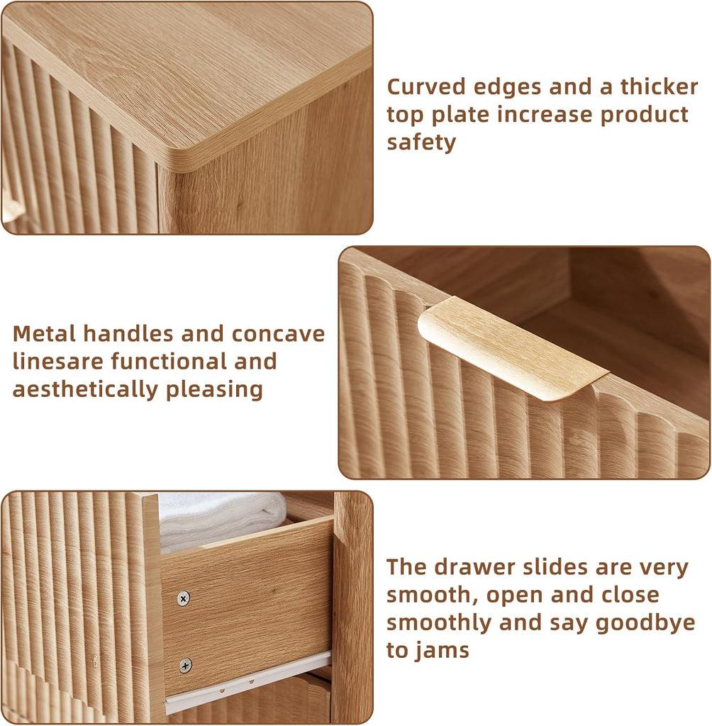 Fluted 5 Drawers Dresser , 41" Tall Modern Chest of Drawers with Metal Handle, Curved Profile Design,Natural Wood