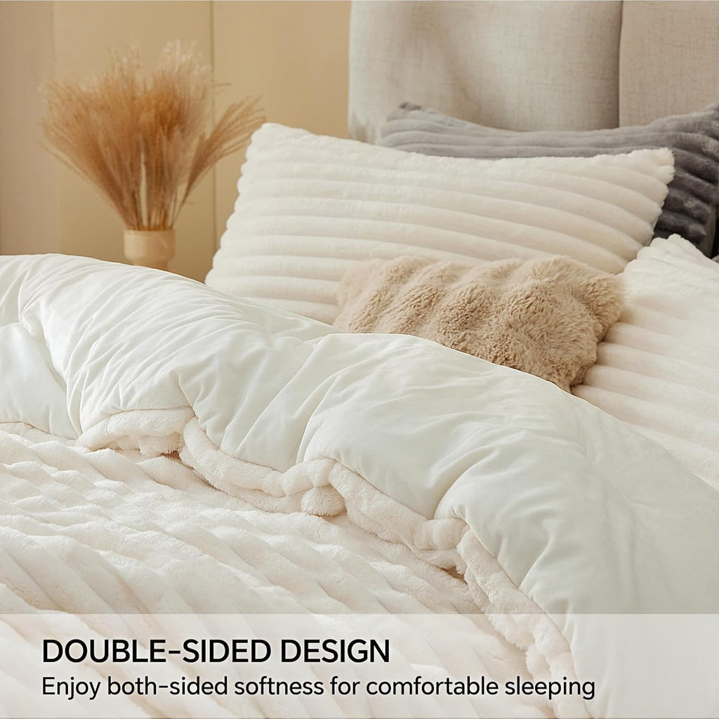 Fleece Comforter Set-Super Soft & Warm Fluffy Cream White Bedding