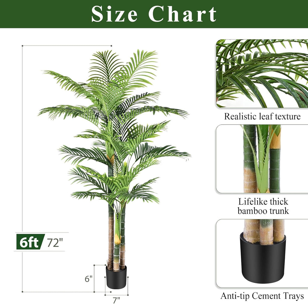 6FT Artificial Palm Tree - Tropical Faux Golden Cane Palm Tree UV Resistant Tall Fake Plant Indoor with Black Pot