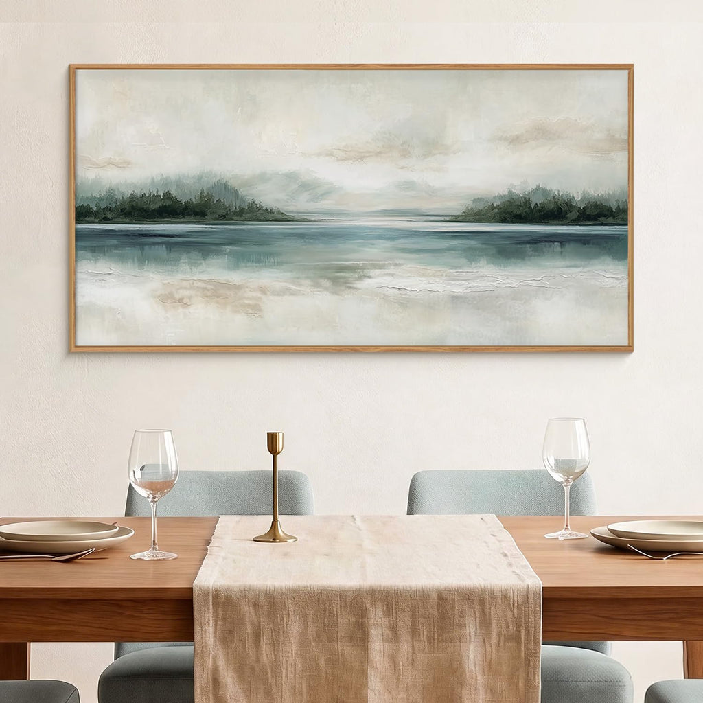 Abstract Sage Green Beige Landscape Framed Canvas Wall Art Set, Watercolor Pastel Mirror Lake Mountain Wall Decor