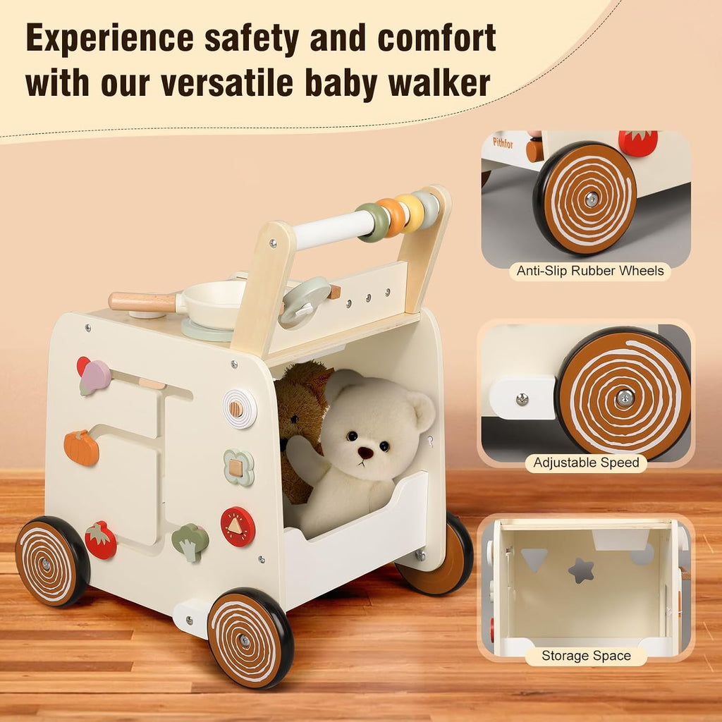 Wooden Baby Walker, in-1 Baby Push Walker, with Pretend Kitchen, Montessori Sensory Activity Center, Push Walker