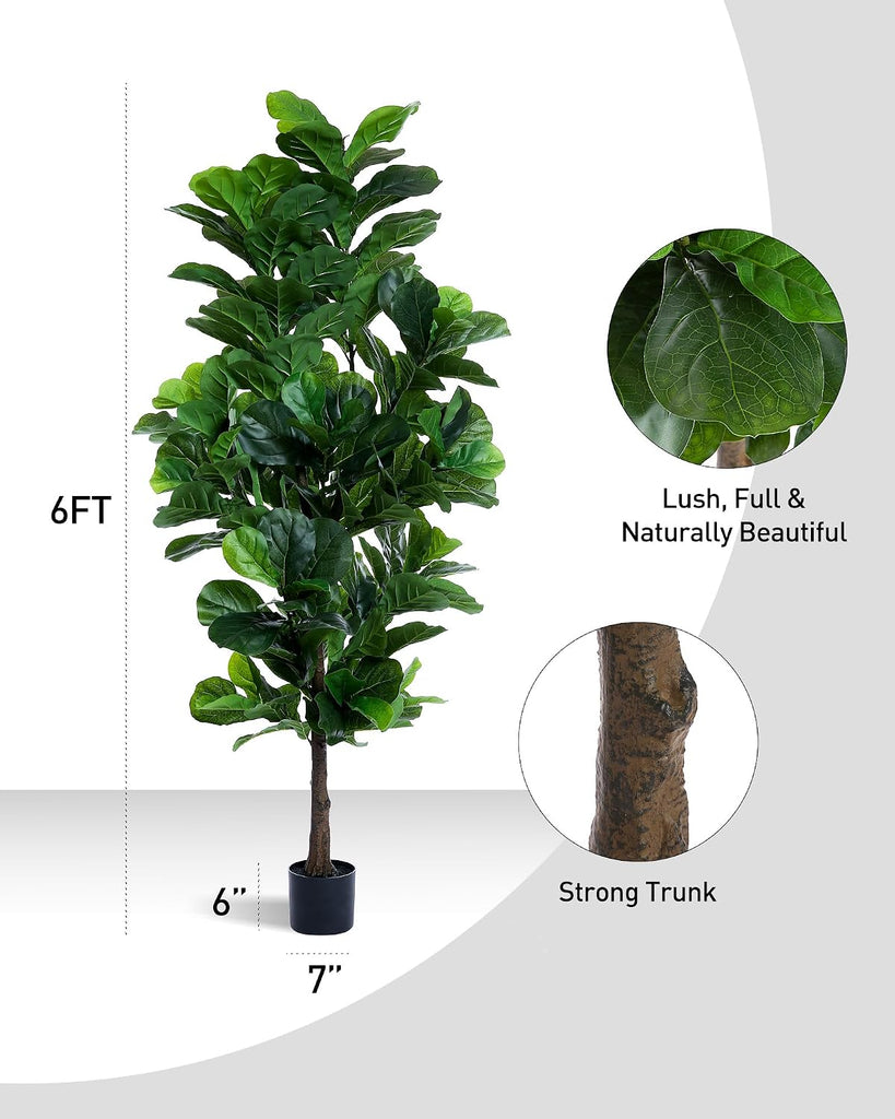 Fiddle Leaf Fig Tree 6ft Tall Artificial Tree in Plastic Pot Fake Ficus Lyrata Plants with 184 Decorative Fiddle