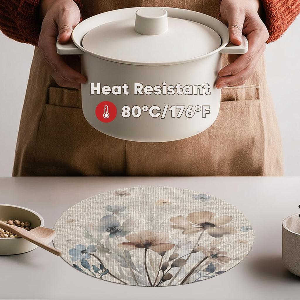 Brown Poppy Floral Round Placemats, 14 Inch Washable Non-Slip Plastic Woven Plastic PVC Place Mats - Set of 4