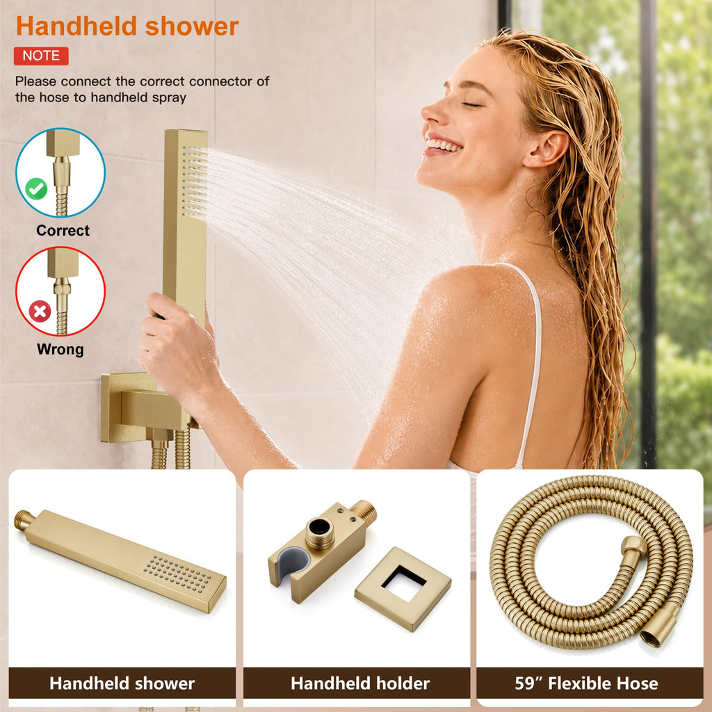 Rain Shower System with Tub Spout,10 Inch Brushed Gold