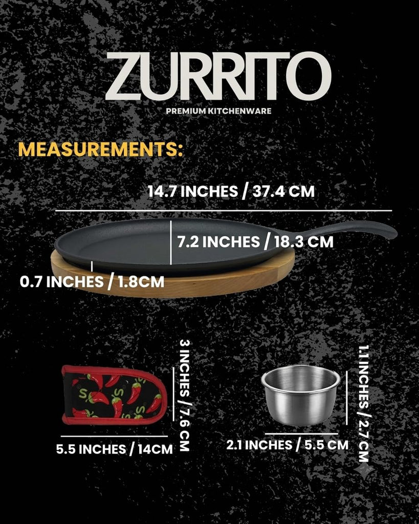 4x Fajita Skillet with Saucers, Cast Iron Hot Plate, Fajita Kit, Sizzling Plate with Wooden Base, Fajita Skillet Set