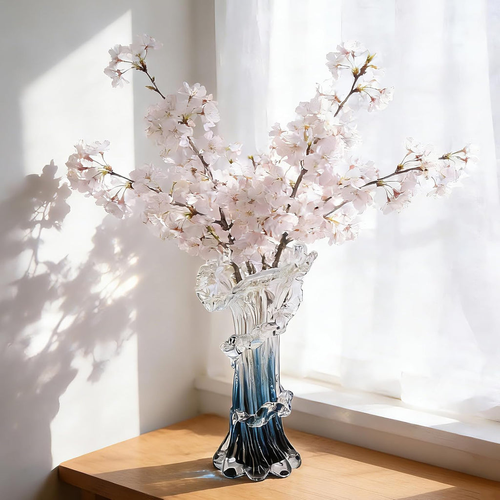 Hand Blown Blue Glass Vase, Unique Art Beautiful Ocean Glass Vase for Coastal Home Decor, Coffee Table, Living Room