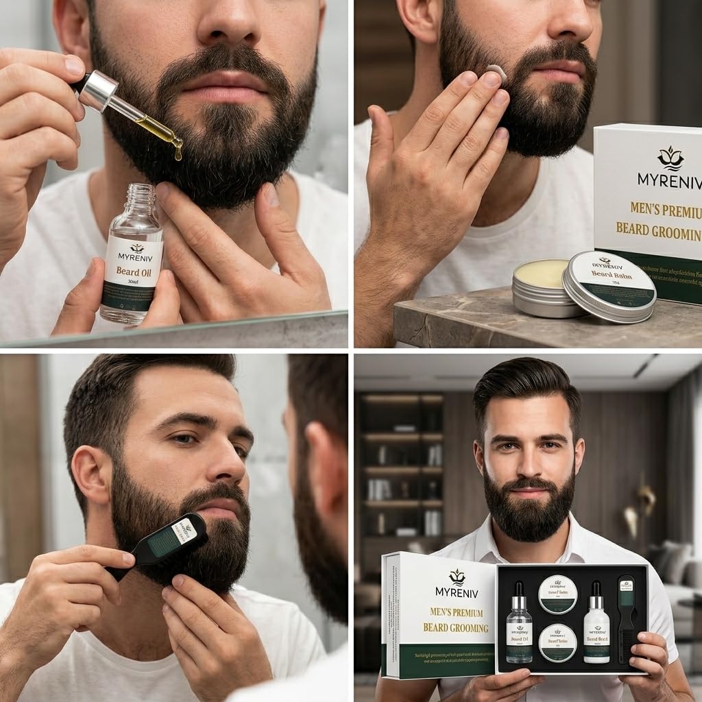 Men's Premium Beard Grooming Kit - Beard Oil, Beard Balm, Beard Wash & Beard Comb - Conditioning & Styling Set for a