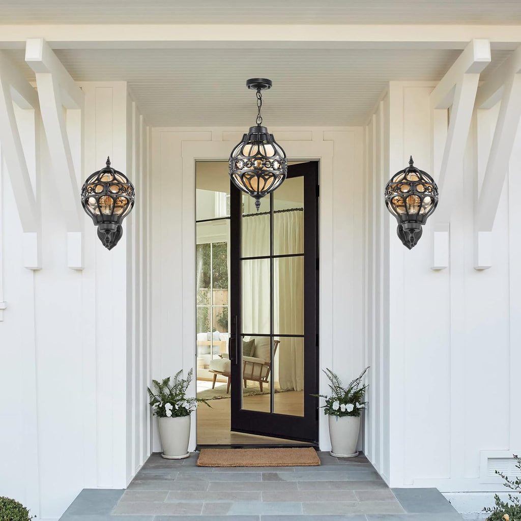 Globe Outdoor Pendant Lights for Porch Patio Garage, Matte Black Aluminum Anti-Rust Hanging Light Fixture