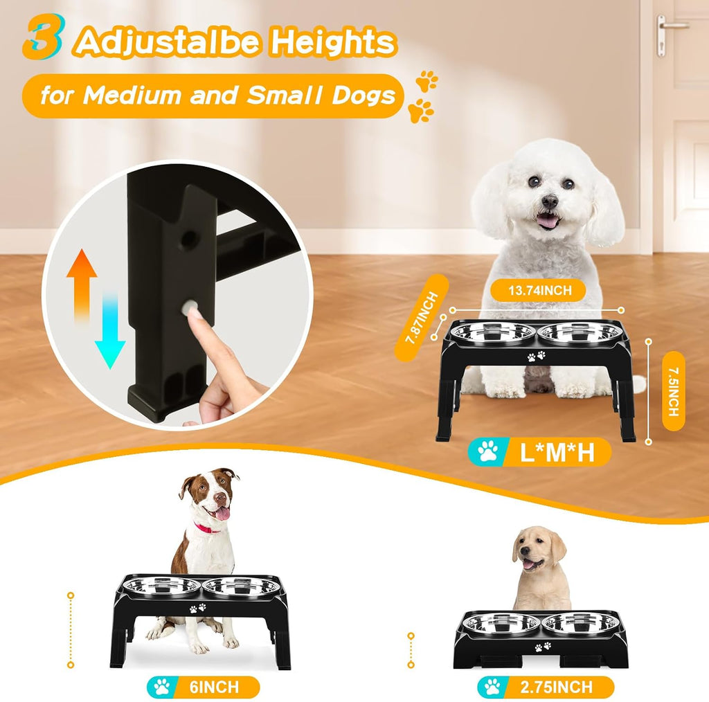 Elevated Dog Bowls for Small Medium Dogs, 3 Height Adjustable Raised Stand with 2 Thick 6" Stainless Steel Food
