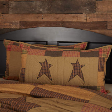 Stratton Primitive King Sham Tan Appliqued Cotton Star Hand Quilted Rectangle Bedroom Decor